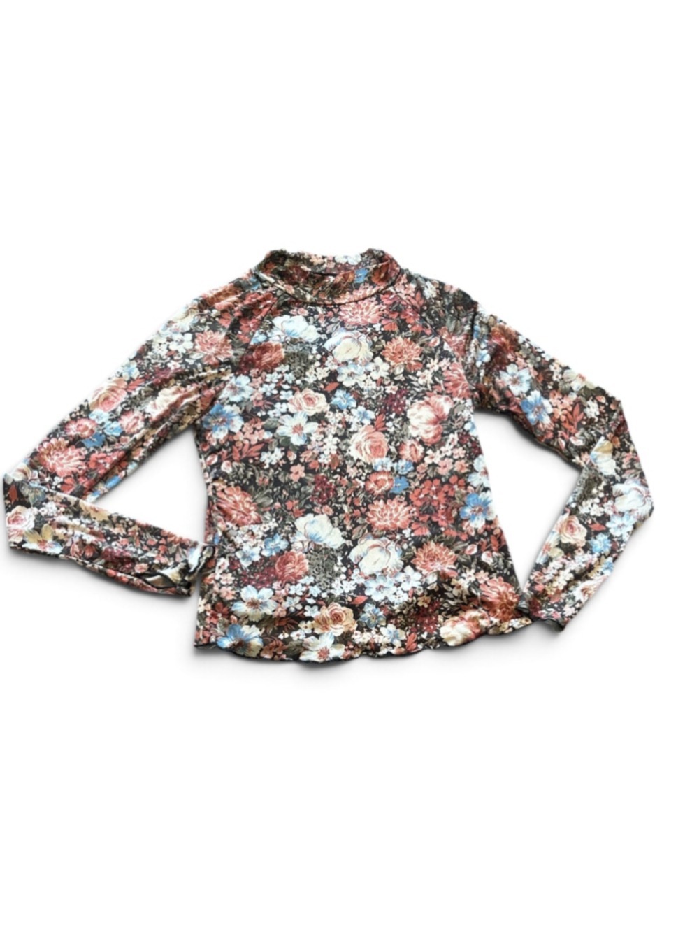 Dealmore Floral Long Sleeve Mesh Top, Size S, Black Multi-color